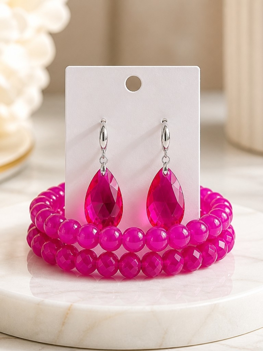 Bold Fuchsia Teardrop Earrings and Beaded Bracelet Set - Picture 1 of 5